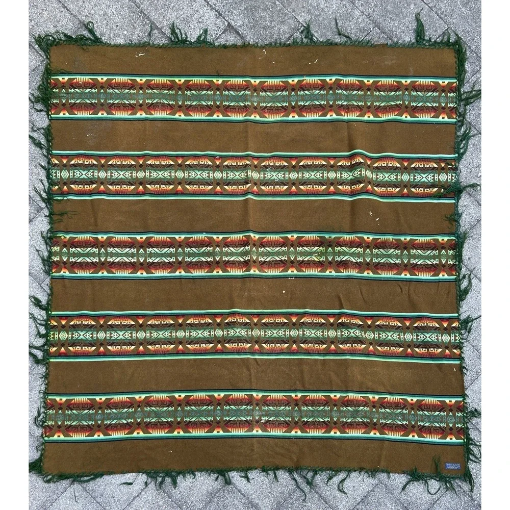 Vintage‎ Pendleton Wool Beaver State Aztec Blanket Throw Shawl Brown Green 60x66